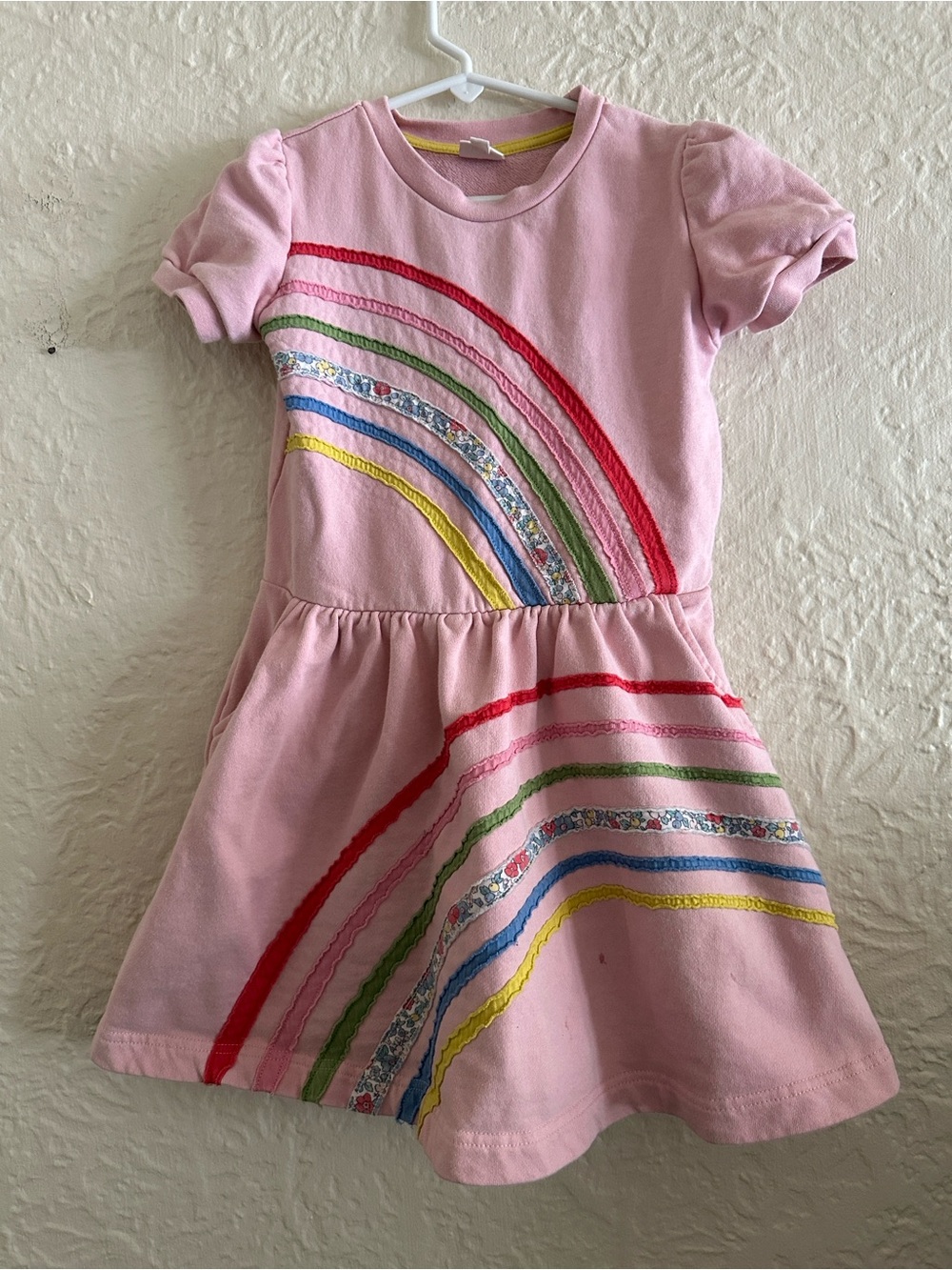 Mini Boden Pink Short Sleeve Sweatshirt Dress Appliqué Rainbow Kids Girls 7-8Y